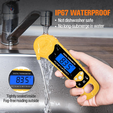 AMMZO Meat Thermometer Digital, Instant Read Food Thermometer - Waterproof w/Backlight for Cooking, Candy, Deep Fry, BBQ, Grill, Candy Making Accessories, Gifts for Men Women(Yellow)