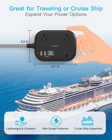 Cruise Essentials 2026,One Beat Travel Power Strip with USB C,Flat Plug 6ft