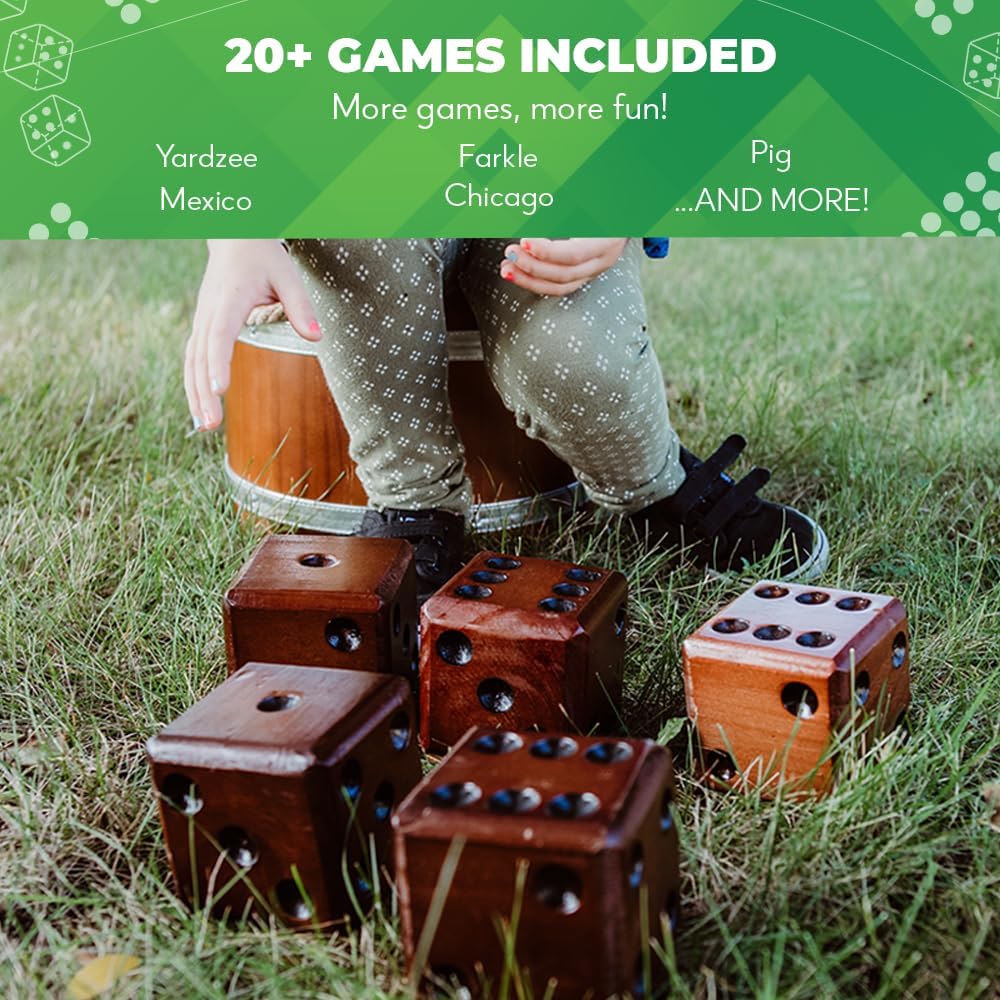 Swooc Games - Yardzee, Farkle & 20+ Giant Dice Games (All Weather) Yard Dice with Wooden Bucket, 5 Scorecards & Marker - Jumbo Dice Yard Game - Extra Large Yard Game for Adults - Jumbo Lawn Fun