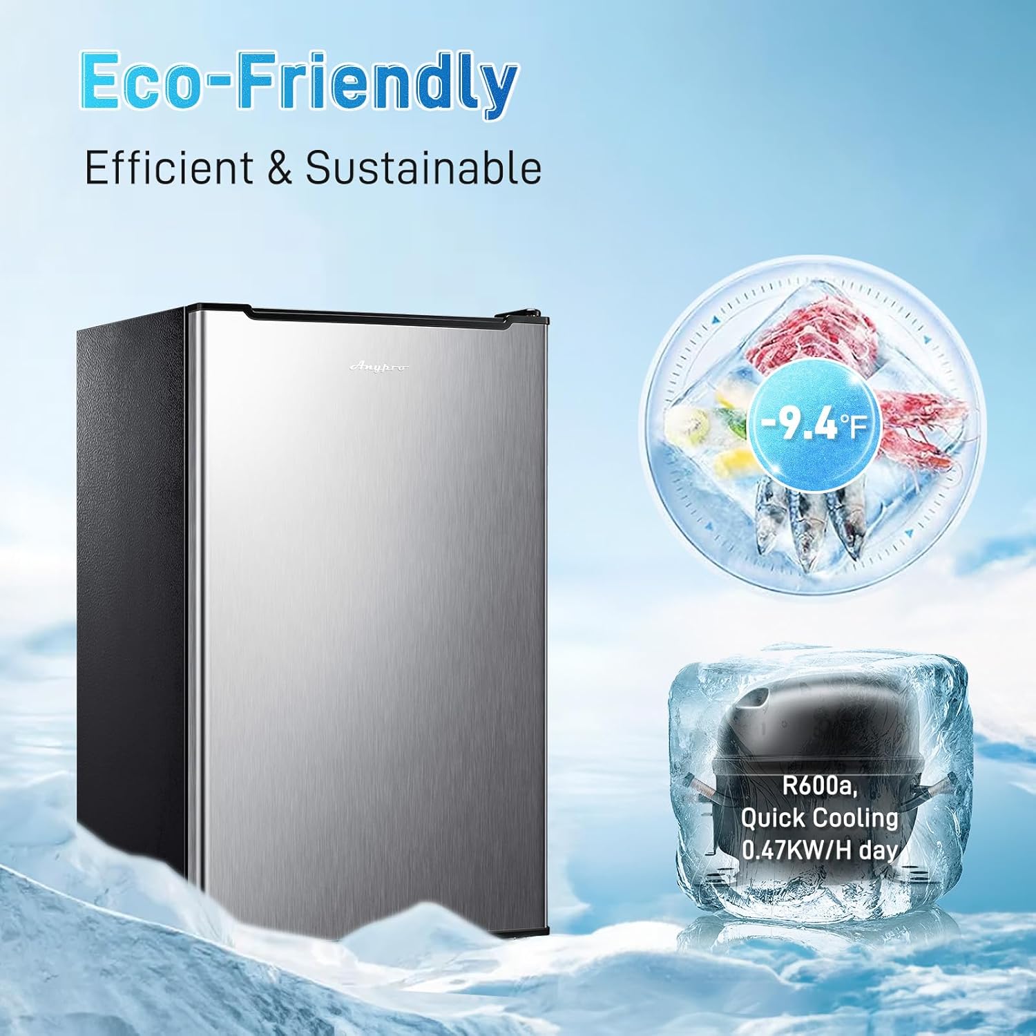 Anypro 3 Cu.Ft Compact Mini Upright Freezer with 3 Pull-down Drawer Doors and Adjustable Thermostat, Single Door Small Deep Standing Freezer Rapid Cooling for Home, Office, Dorm, Garage, Silver