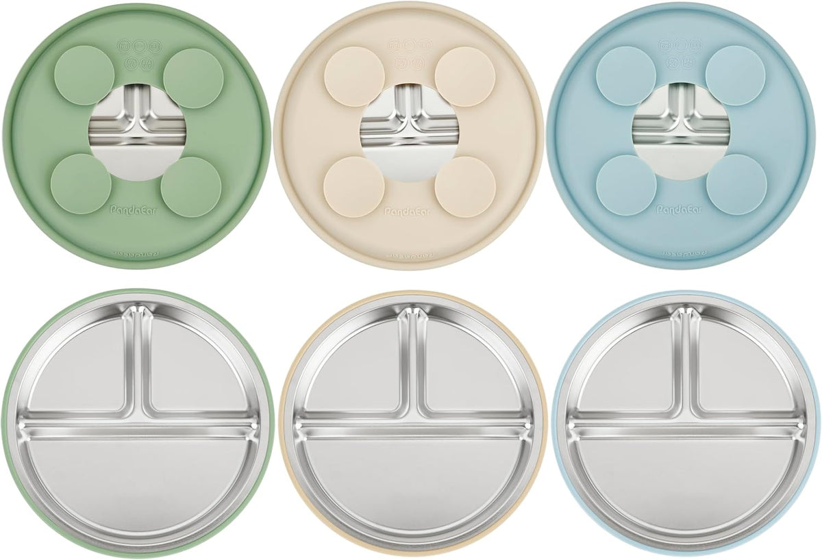 PandaEar 3 Pack Stainless Steel Baby Suction Plates, Divided Toddler Plate for Baby Led Weaning Supplies, Non-Slip Toddler Baby Feeding Set Dishwasher Safe (Blue/Green/Brown)