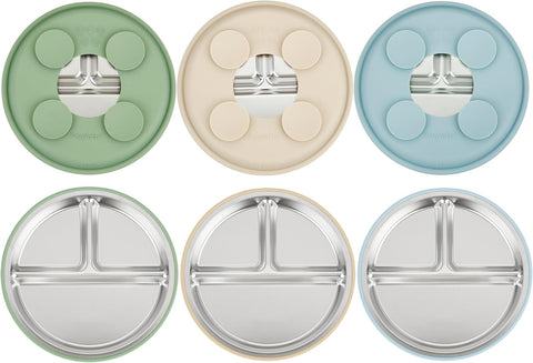 PandaEar 3 Pack Stainless Steel Baby Suction Plates, Divided Toddler Plate for Baby Led Weaning Supplies, Non-Slip Toddler Baby Feeding Set Dishwasher Safe (Blue/Green/Brown)
