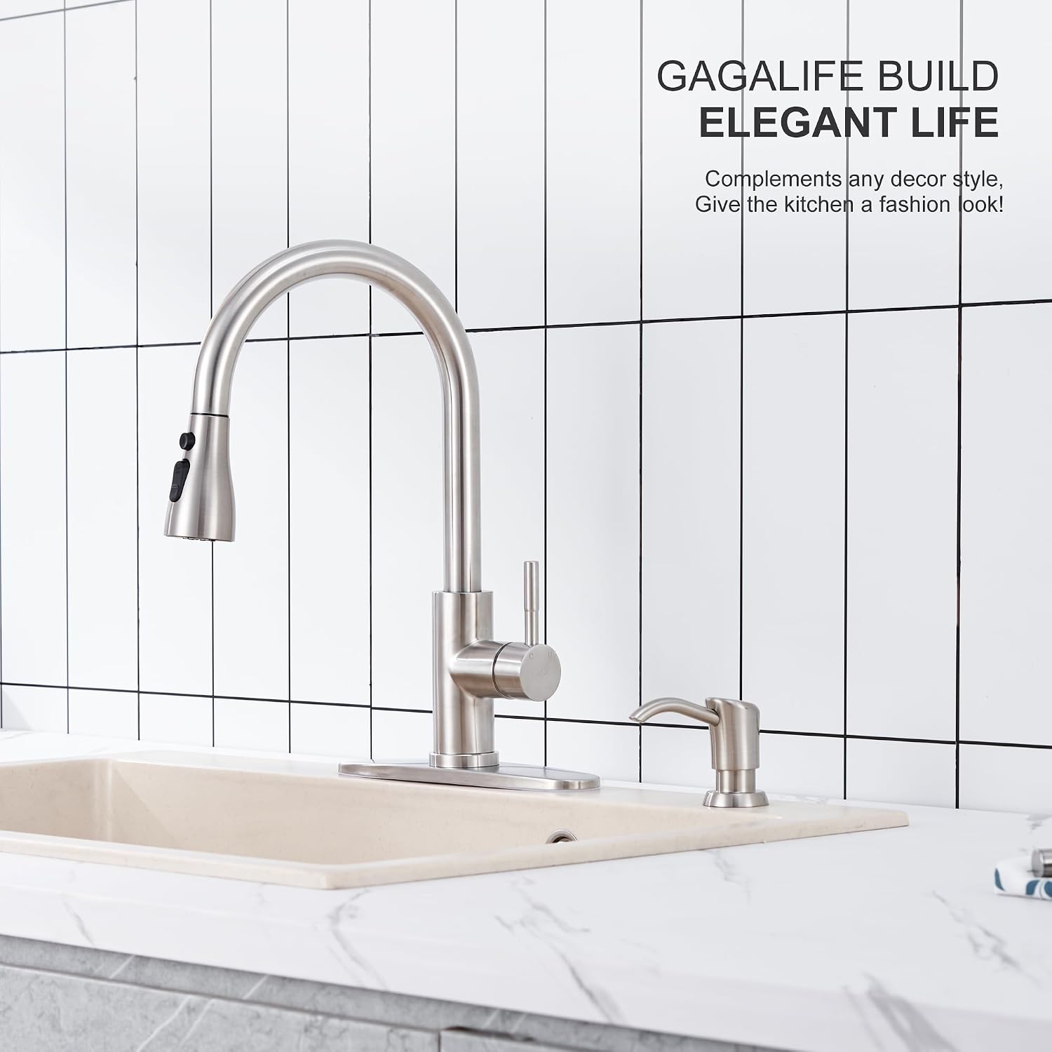 GAGALIFE Dish Soap Dispenser for Kitchen Sink, 17 oz Bottle, Brushed Nickel