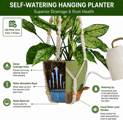 Bouqlife 3 Pack Hanging Planters for Indoor Plants Macrame Plant Hangers with Self Watering Flower Pots, 3 Different Size (Sage Green, Medium)
