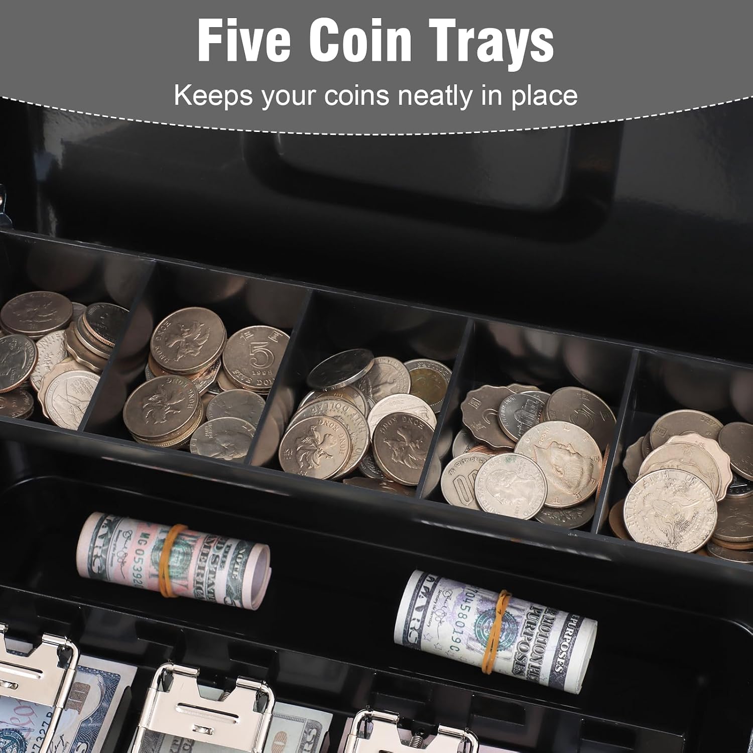 KYODOLED Cash Box with Top Key Lock–0.7mm Metal Money Box for Flea Market Vendors, Craft Fairs & Small Business, Portable Cash Drawer with Auto-Pop Coin Tray & Windproof Bill Clips (11.8", Black)