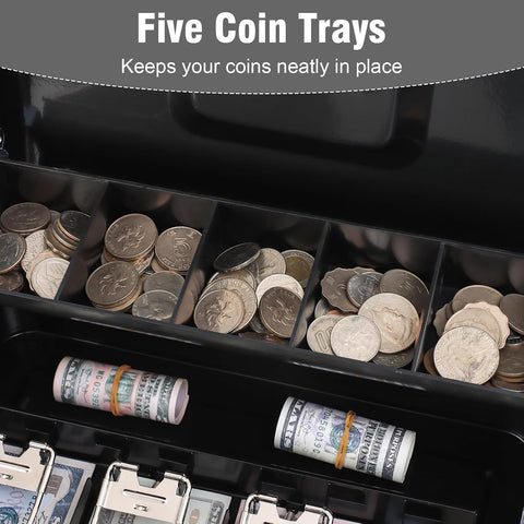 KYODOLED Cash Box with Top Key Lock–0.7mm Metal Money Box for Flea Market Vendors, Craft Fairs & Small Business, Portable Cash Drawer with Auto-Pop Coin Tray & Windproof Bill Clips (11.8", Black)
