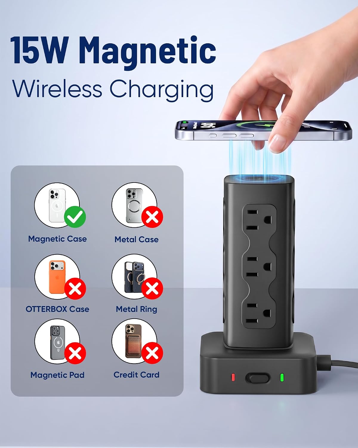 PD65W Power Strip Tower with 12 AC Outlets & 8 USB Ports(4 USB C), 6FT Cord