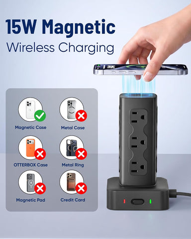 PD65W Power Strip Tower with 12 AC Outlets & 8 USB Ports(4 USB C), 6FT Cord
