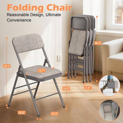 VTOY Commercial Grade Folding Chair with Padded Fabric Cushion（16"X16" |Double-hinged Legs Luxury Style|4.5kg Capacity Max Weight 150Kg for Home and Office,Indoor and Outdoor Events (4, Fabric-Beige)