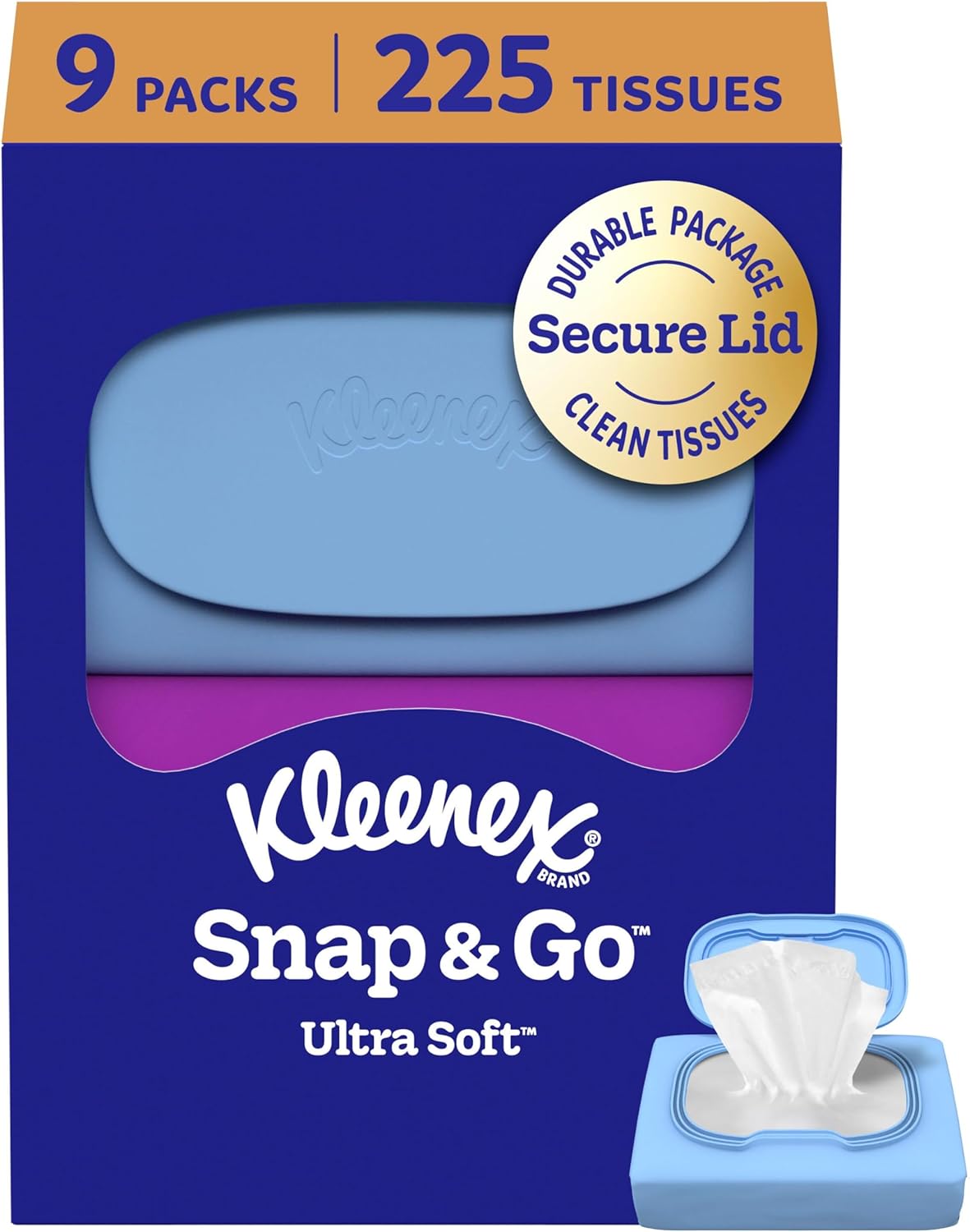 Kleenex Snap & Go Ultra Soft Facial Tissues, 9 Packs, 25 Tissues per Pack