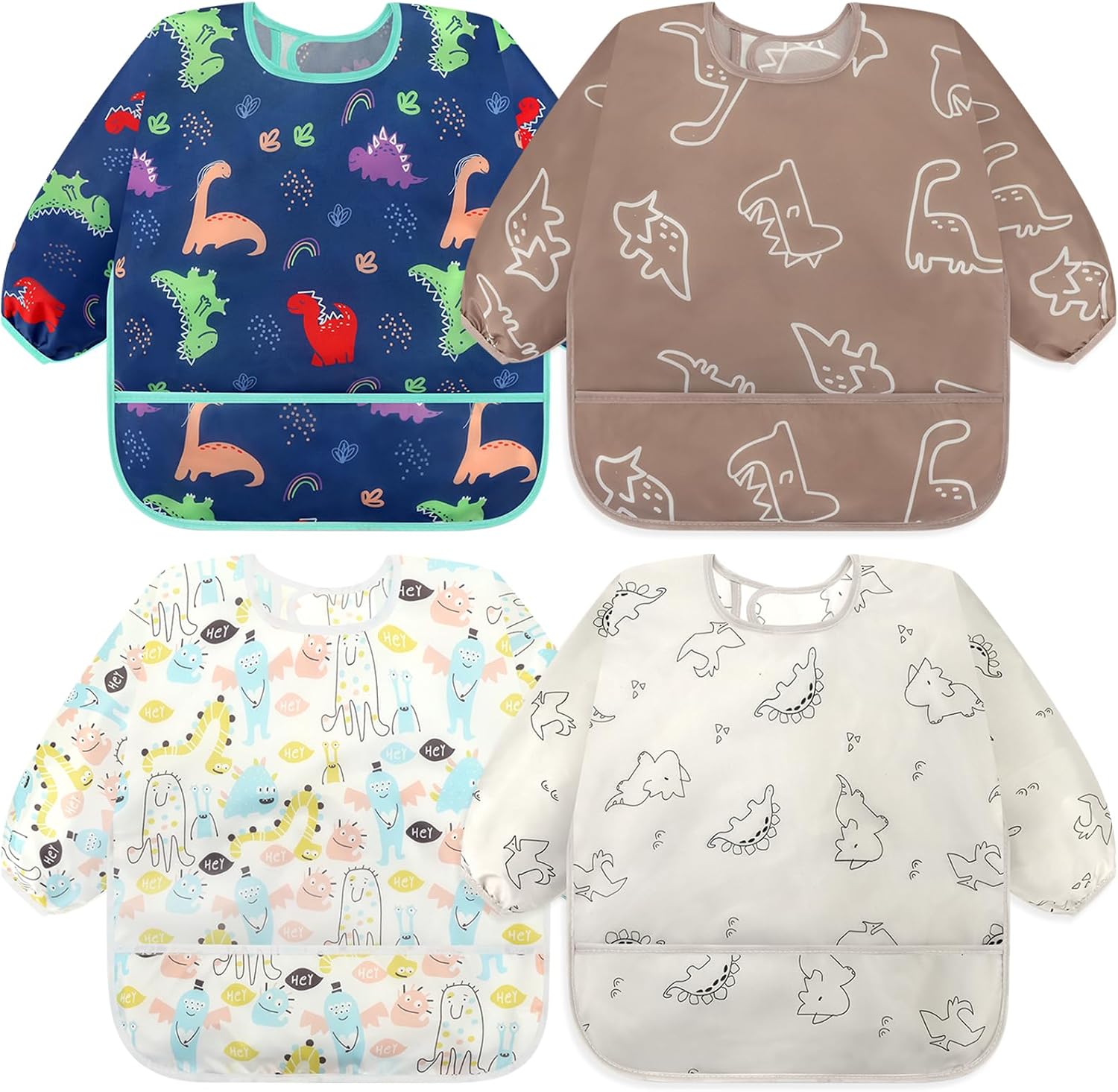 Accmor 4 Pack Long Sleeve Bibs, Baby Smock Waterproof Full Sleeved Bib for Baby Toddler 6-36 Months