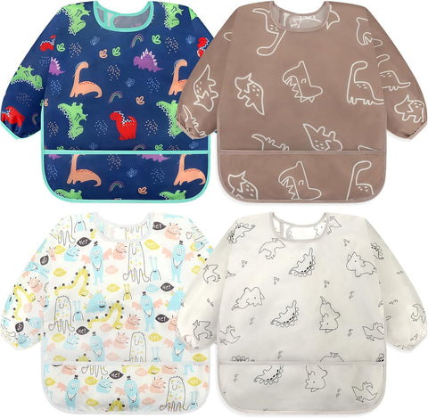 Accmor 4 Pack Long Sleeve Bibs, Baby Smock Waterproof Full Sleeved Bib for Baby Toddler 6-36 Months