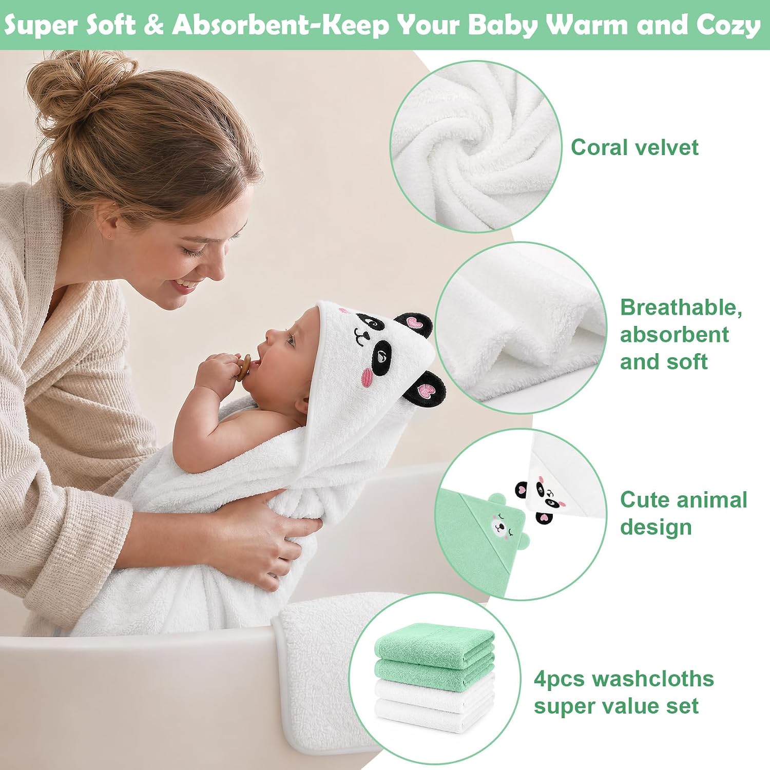 6 PCS Baby Bath Towels for Infants Toddlers Essentials, Green