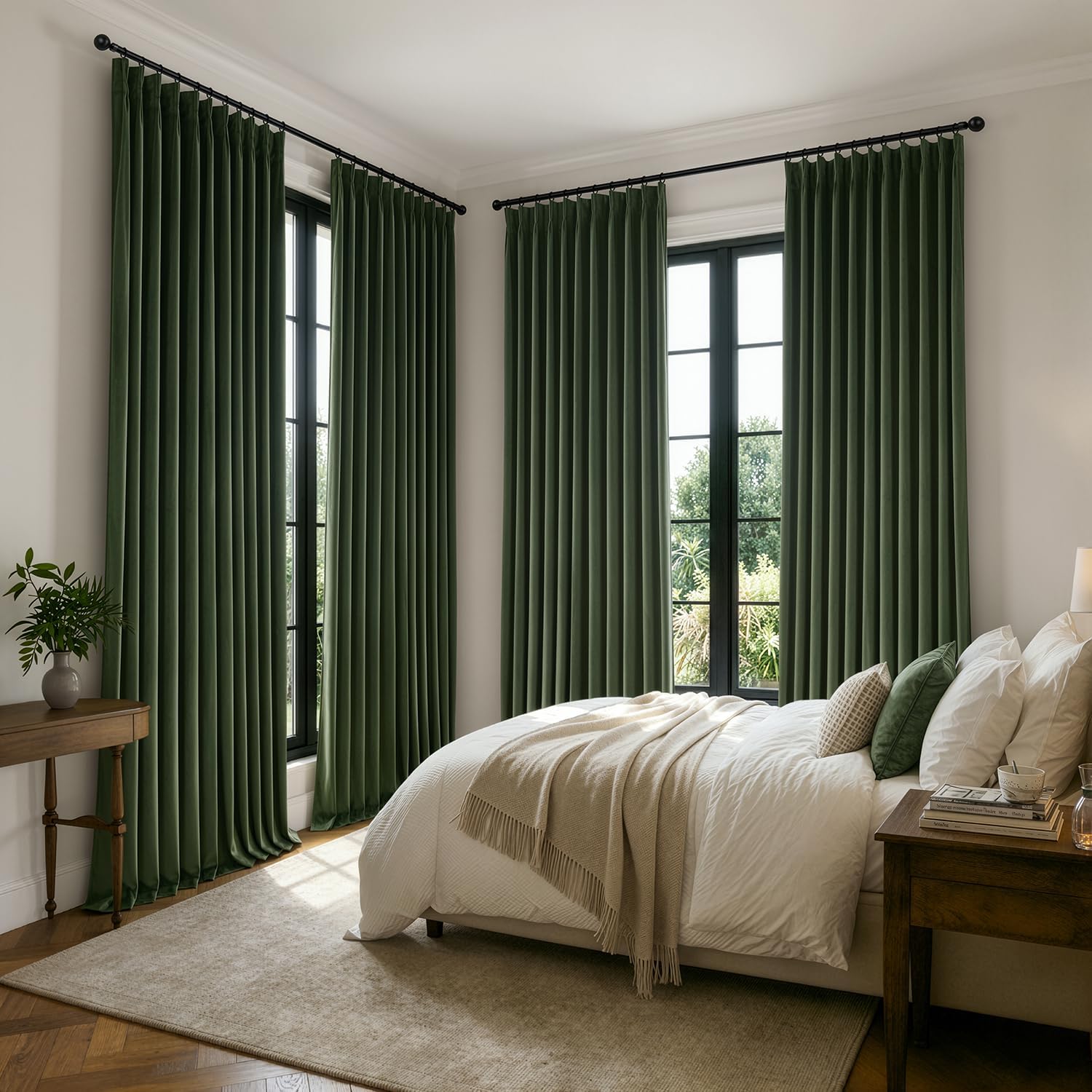 MIULEE Velvet Pinch Pleated Extra Wide Olive Green Blackout Curtains 70x84