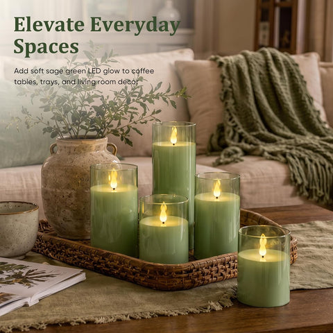 Homemory Sage Green Flameless Candles, Acrylic LED Pillar Candles with Remote Timer, Set of 5