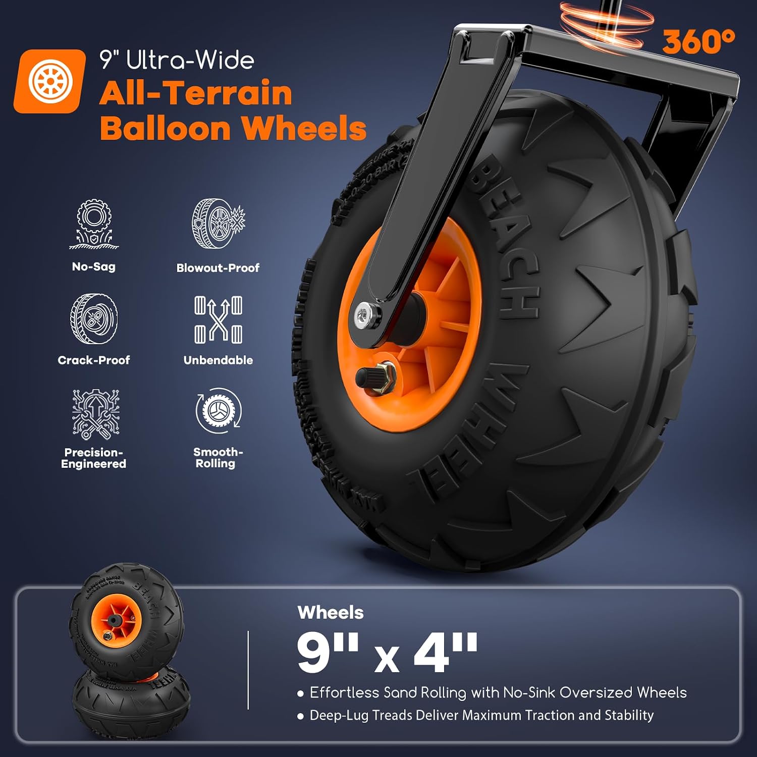 Originsure 300L Foldable Beach Wagon with Big Balloon Wheels, 560lbs, Black