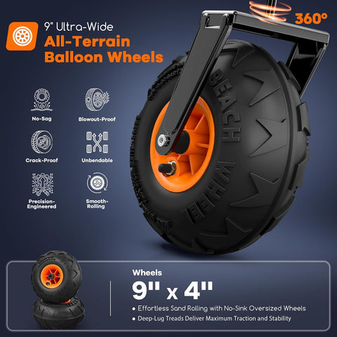 Originsure 300L Foldable Beach Wagon with Big Balloon Wheels, 560lbs, Black