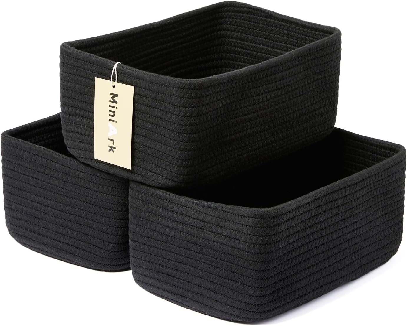 MiniArk Small Storage Baskets for Organizing | Closet Organizer Bins | Shelf Toy Basket | Woven Rope Baskets | Cube Decorative Box | Shallow Basket | 11.5x7.5x4.7” | 3 Packs Black
