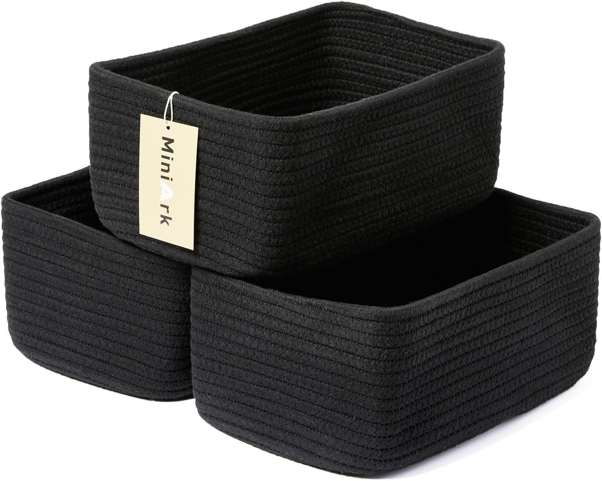 MiniArk Small Storage Baskets for Organizing | Closet Organizer Bins | Shelf Toy Basket | Woven Rope Baskets | Cube Decorative Box | Shallow Basket | 11.5x7.5x4.7” | 3 Packs Black