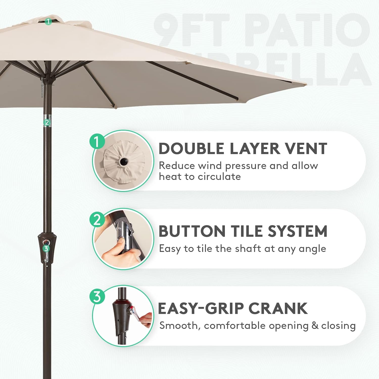 JEAREY 9FT Outdoor Patio Umbrella, Market Umbrella, Beige