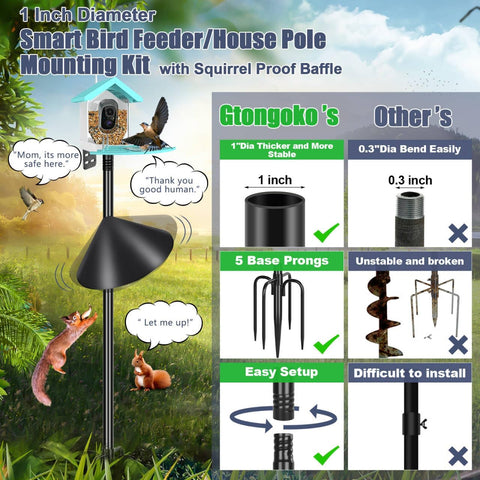 Gtongoko Smart Bird Feeder Pole Squirrel Proof 1-Inch Dia 79 Inch Bluebird House Pole for Outdoors Squirrel Baffles for Feeders Weather Station Heavy Duty Metal Mounting Kit Black