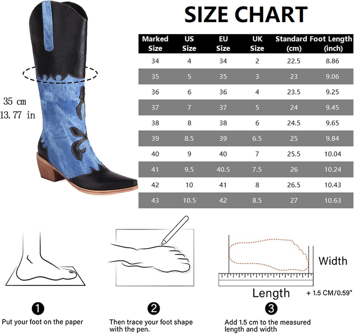 Cozivwaiy Women Denim Cowboy Boots Patchwork Knee High Boots Jean Blue Cowgirl Boot Western Mid Calf Jeans Shoes Pointed Toe Chunky Heel Pull On