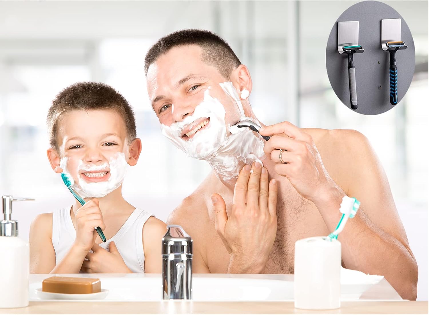Deluxe Razor Holder for Shower-Hook Hanger Stand(4 Pack)Adhesive Stainless Steel Heavy Duty Utility Storage Hook,Shower Hook for Razor Bathroom Kitchen Organizer for Shaver Plug Robe Towel Loofah Coat