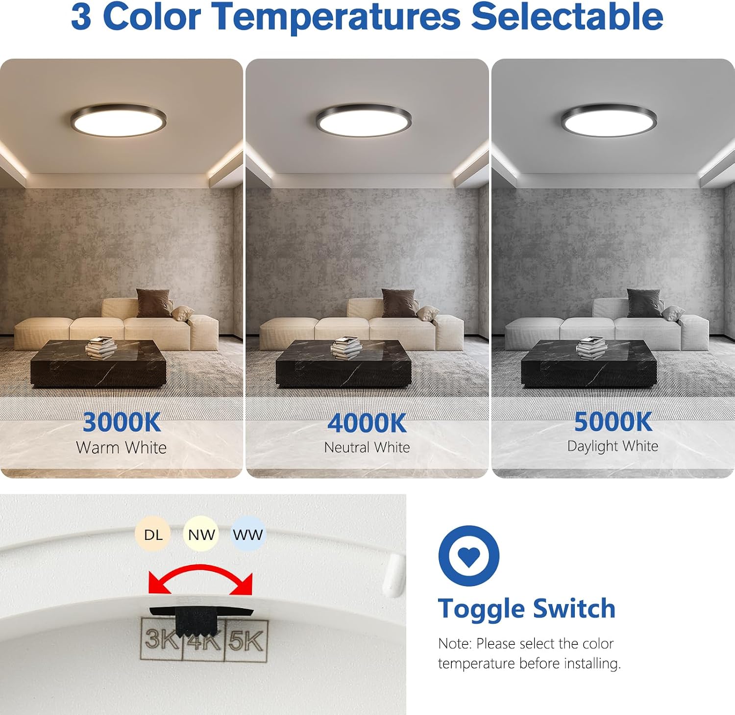 12 Inch Hardwired Dimmable LED Flush Mount Ceiling Light Fixtures, 24W 2640LM 3000K/4000K/5000K, House Upgrade Led Lights for Bedroom Hallway Laundry Room Rental Units, 240W Equiv., Black
