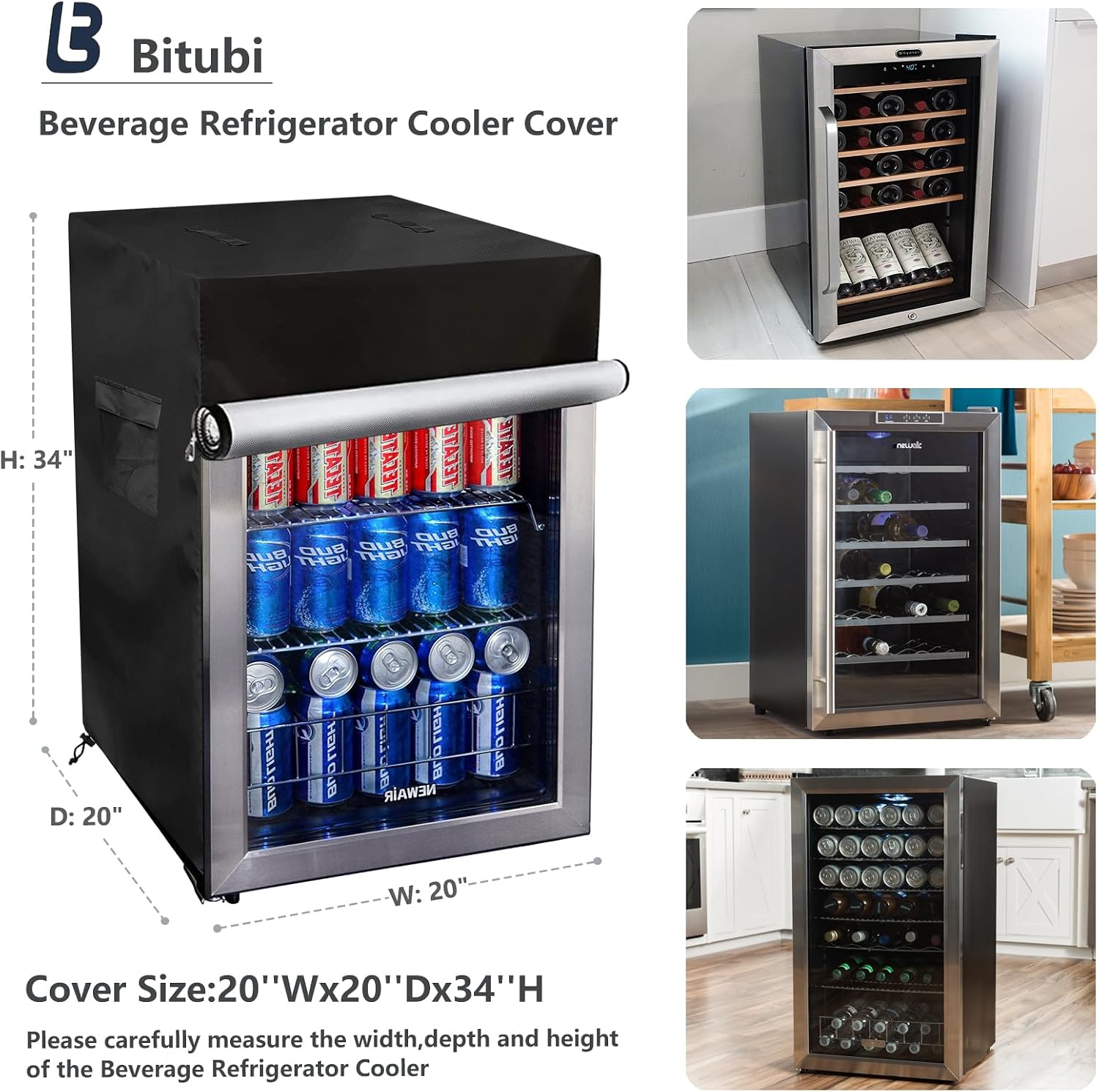 Bitubi Beverage Refrigerator Cooler Cover,Outdoor Fridge Cover – Waterproof, Dustproof, Sun-Proof, 20" W x 20" D x 33" H. Suitable for most 3.2 Cu.ft Beer or Wine Mini Fridge (Black)