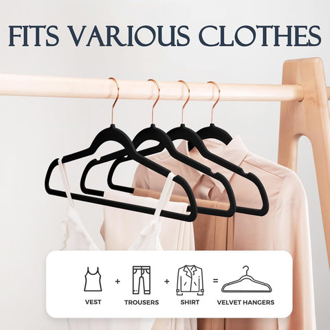 HOUSE DAY Velvet Hangers 20 Pack, Premium Clothes Hangers Non-Slip Felt Hangers, Sturdy Black Hangers Heavy Duty Coat Hangers, Durable Suit Hangers, Space Saving 360° Rotating Rose Gold Hook