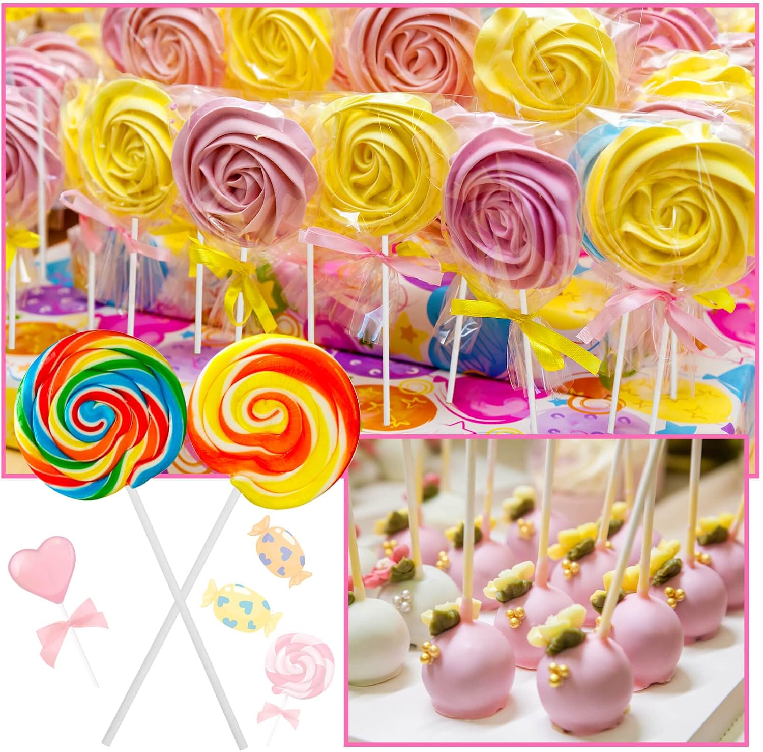 300Pcs Cake Pop Sticks and Wrappers, 6IN Cake Pop Sticks with Ties for Lollipops, Chocolates Cookies, Candies