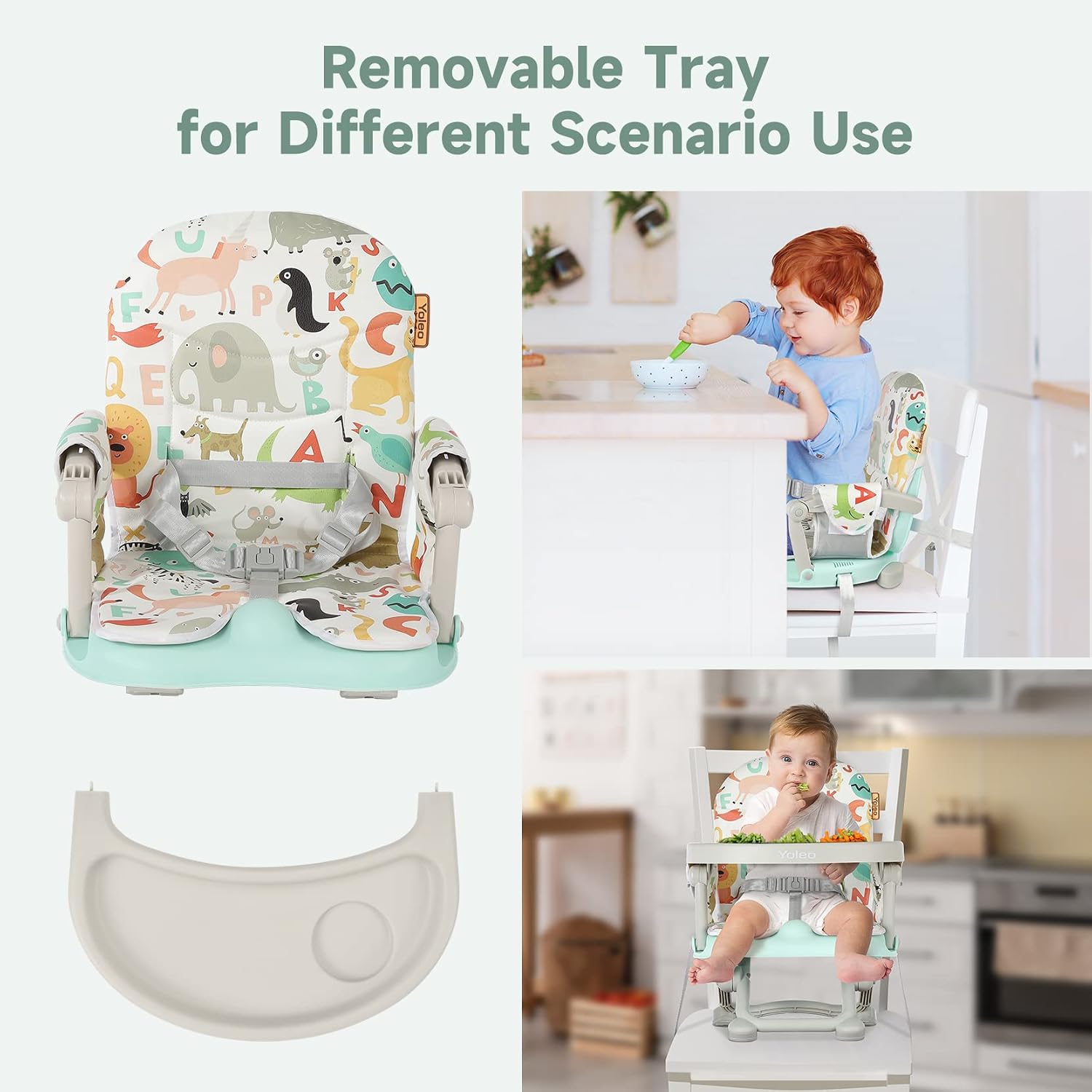 YOLEO Baby High Chair Booster Seat for Dining Table, Foldable High Chairs with Adjustable Heights, Travel Booster Seat with Removable Tray