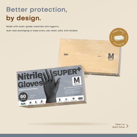 SUPER+ Black Nitrile Gloves HEAVY DUTY 6 Mil Disposable Chemical Resistant Powder & Latex Free Medical Food Safe, 60/600 Ct