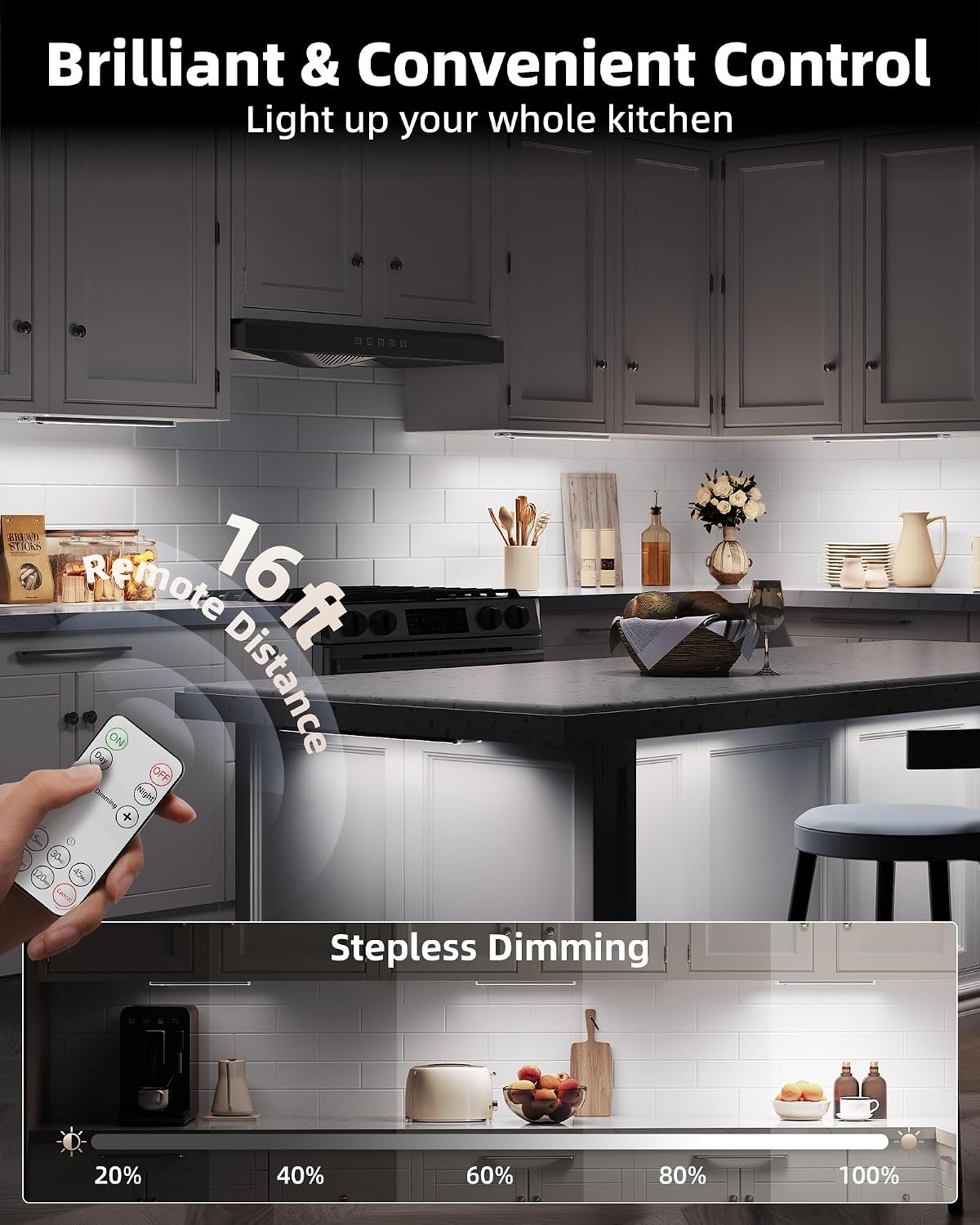 EZVALO 5-Pack Under Cabinet Lighting with Charging Station, 2400mAh Motion Sensor Light, LED Coutner Lights Wireless, 6500K Dimmable, Timer, Magnetic, with Remote Control for Kitchen, Closet, Stair