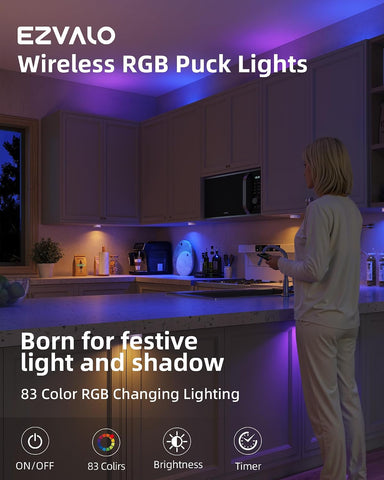 EZVALO LED Puck Lights, 6Pack Rechargeable Touch Light, 2.5'' Mini Tap Lights, Wireless Closet Light, Under Cabinet Lighting, 3 Color & 83 RGB, Stick On Lights for Kitchen,Pantry,Shelves