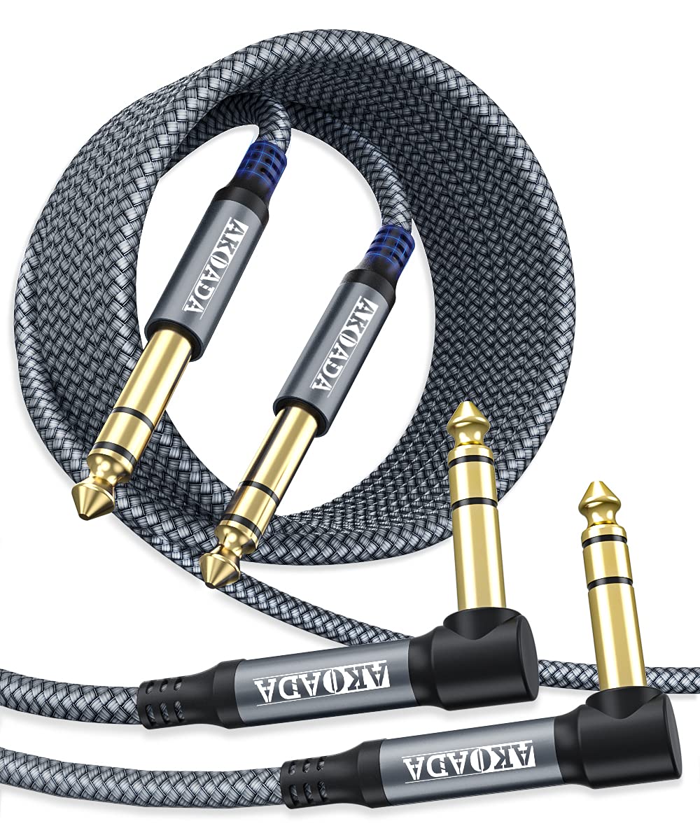 AkoaDa 1/4 Inch TRS Instrument Cable (20 ft 2Pack), Right Angle 6.35mm Male Jack Stereo Audio Interconnect Cord,Compatible for Bass,Keyboard,Mixer,Amplifier,Amp,ect