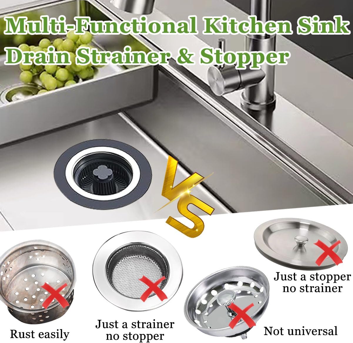 3 in 1 Kitchen Sink Drain Strainer and Stopper Combo,Stainless Steel