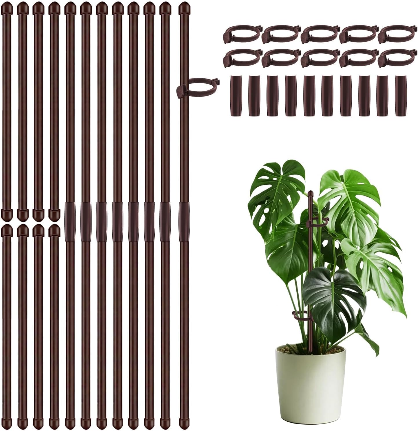 30Pcs Plant Support Stakes 17 inch SupKing Garden Orchid Sticks Extended to 3ft 4ft 5ft Plant Poles with Clips for Indoor Outdoor Potted Tomato Rose Amaryllis Vegetables Comes with 20 Ties(Brown)