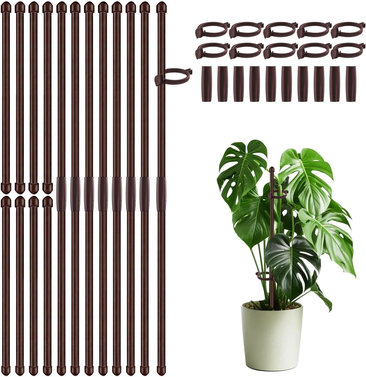 30Pcs Plant Support Stakes 17 inch SupKing Garden Orchid Sticks Extended to 3ft 4ft 5ft Plant Poles with Clips for Indoor Outdoor Potted Tomato Rose Amaryllis Vegetables Comes with 20 Ties(Brown)