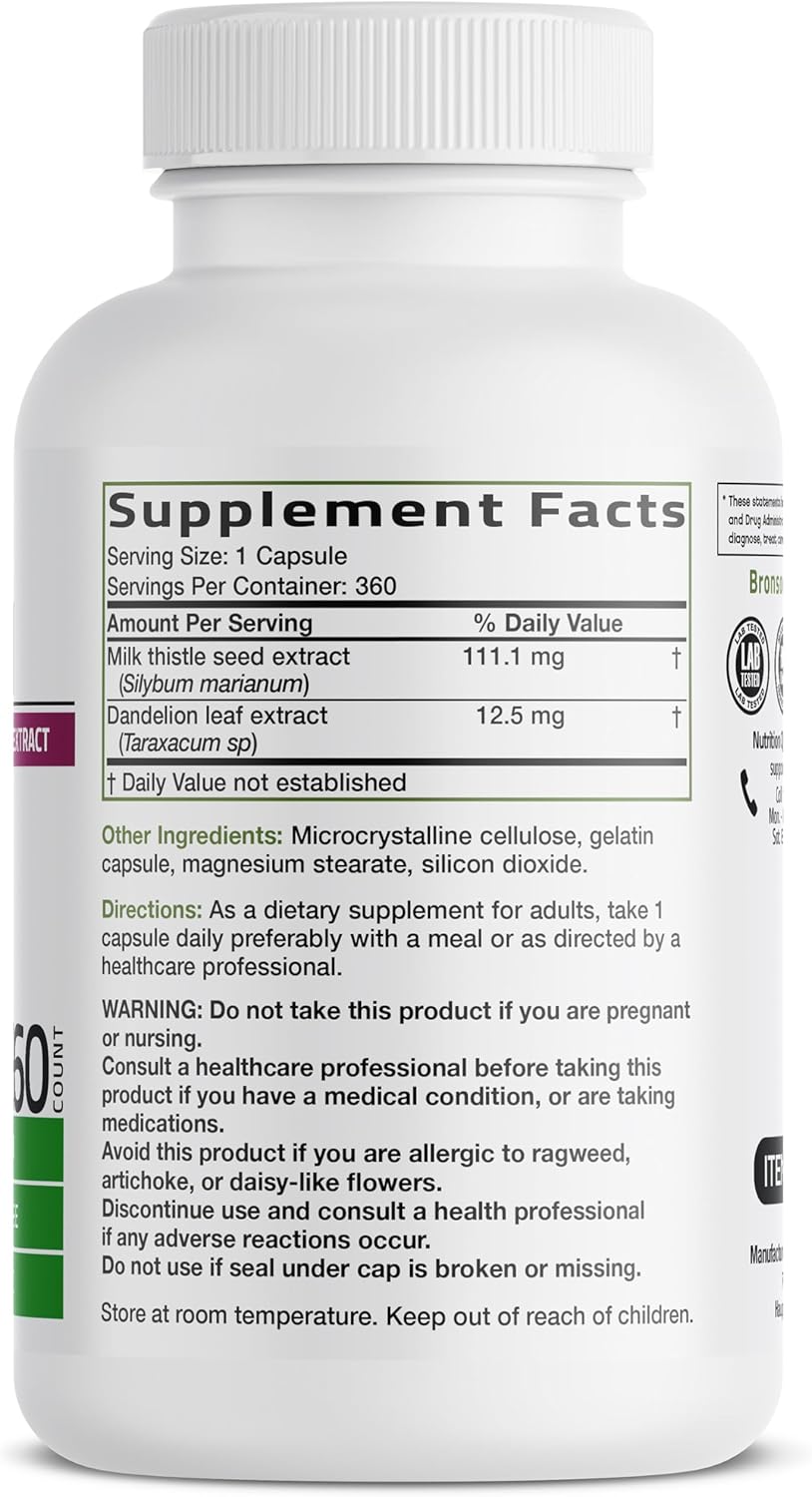 Bronson Milk Thistle Silymarin Marianum & Dandelion Extract, 360 Capsules