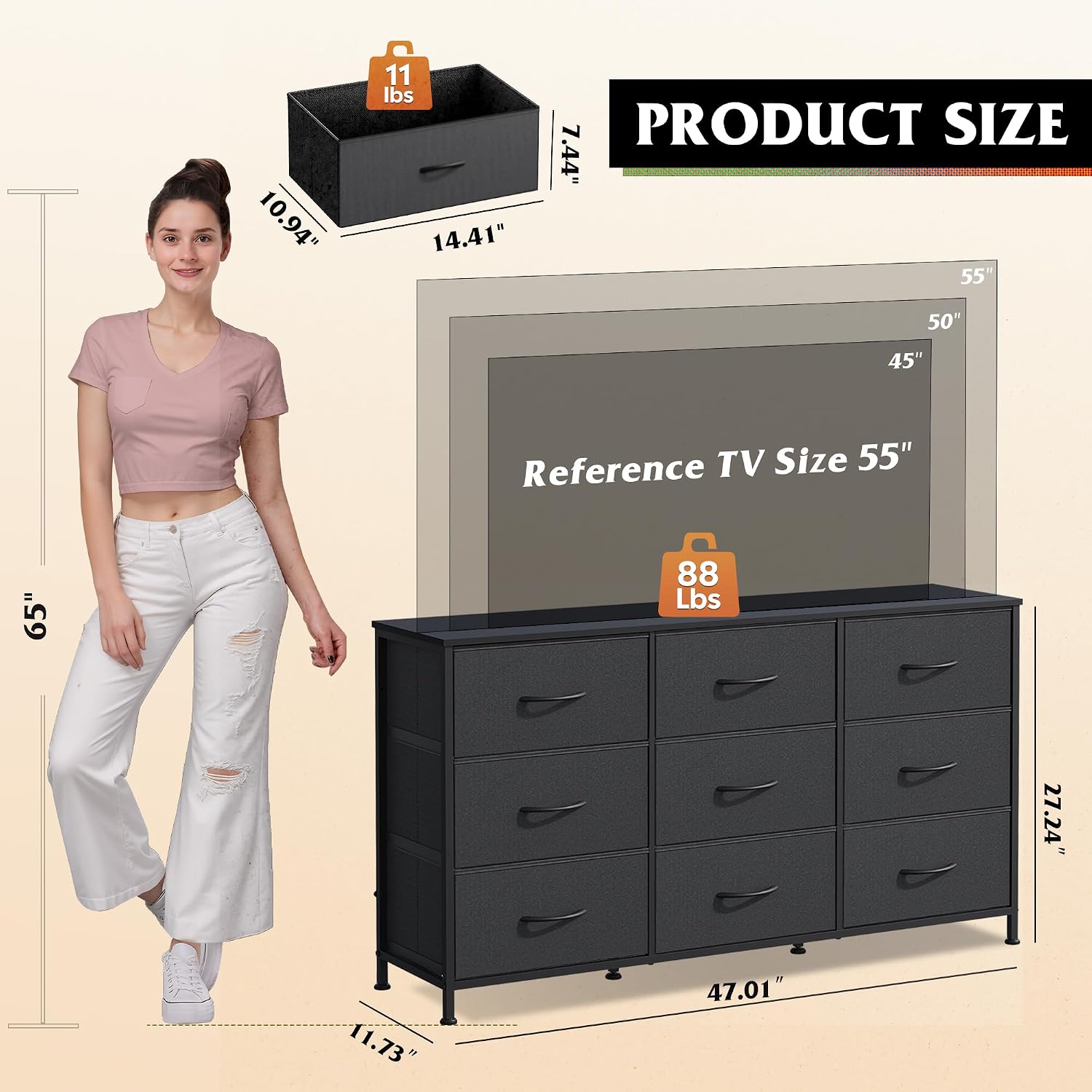 WLIVE Dresser TV Stand for 55 Inch TV, 9 Drawer Dresser for Bedroom, Black