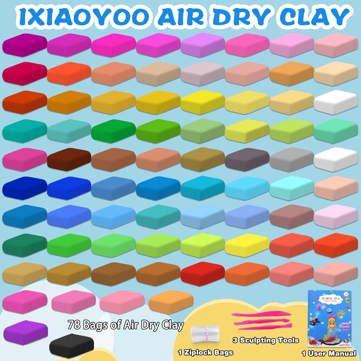 Ixiaoyoo Air Dry Clay, 78 Colors Foam Modeling Clay for School Projects