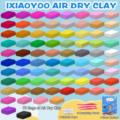 Ixiaoyoo Air Dry Clay, 78 Colors Foam Modeling Clay for School Projects