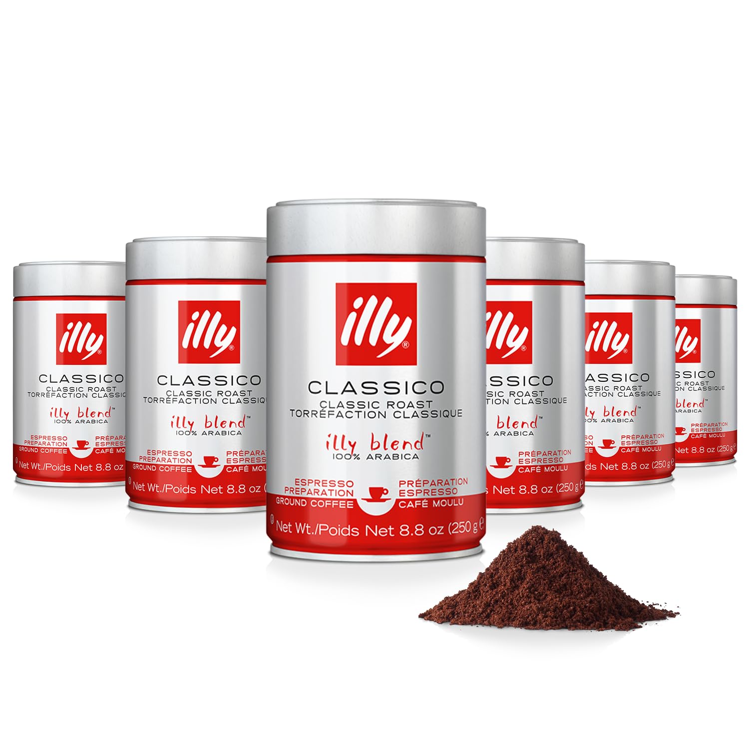 illy Ground Espresso Coffee, Classico Medium Roast, 8.8oz, 6 Pack