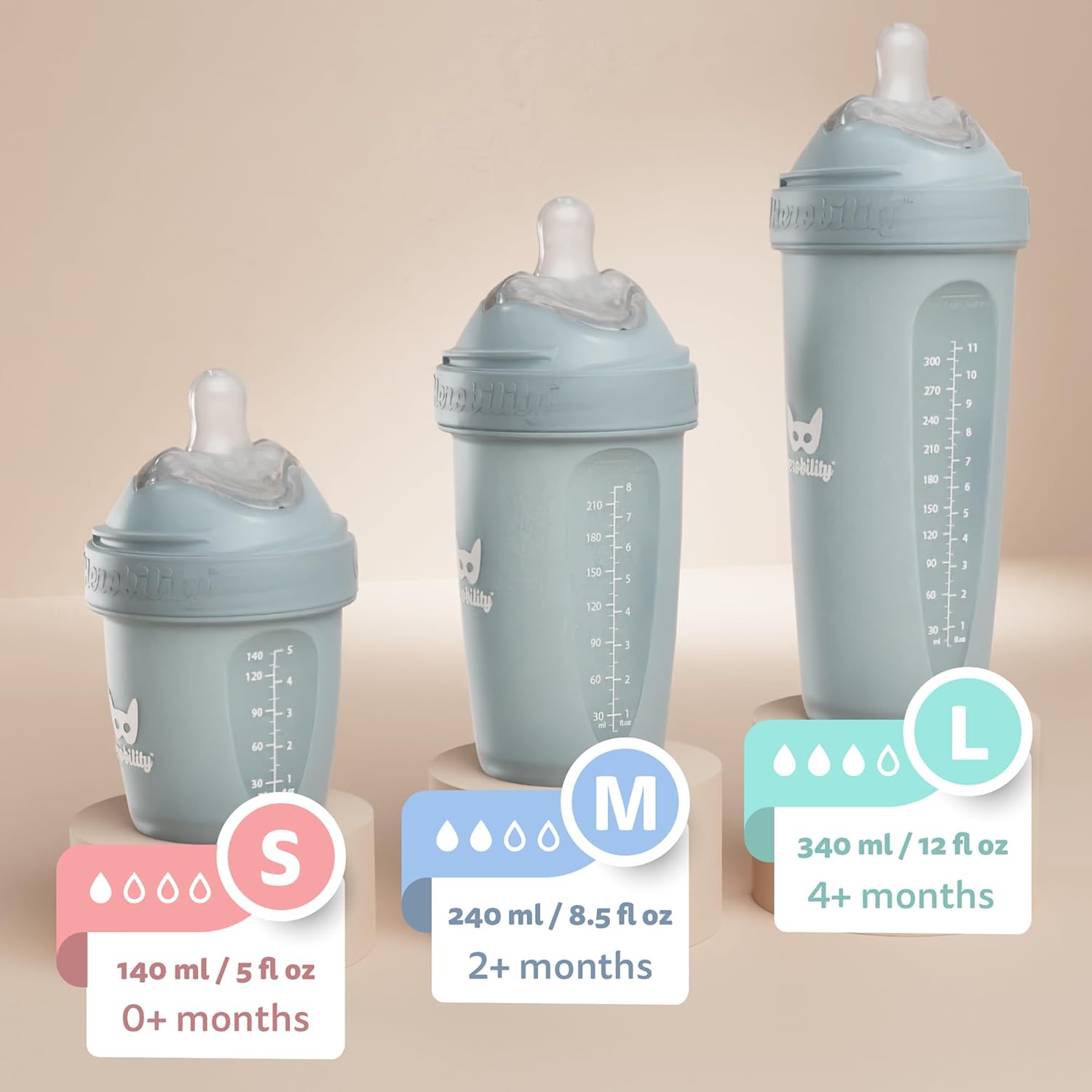 Herobility Anti-Colic Baby Bottles 5 oz /140 ml – Pack of 4 Newborn Baby Bottles, Slow Flow Plastic Bottles, Breast-Shaped Teat for Breastfed Babies - Multicolor - White, Gray, Iron Blue, Blue