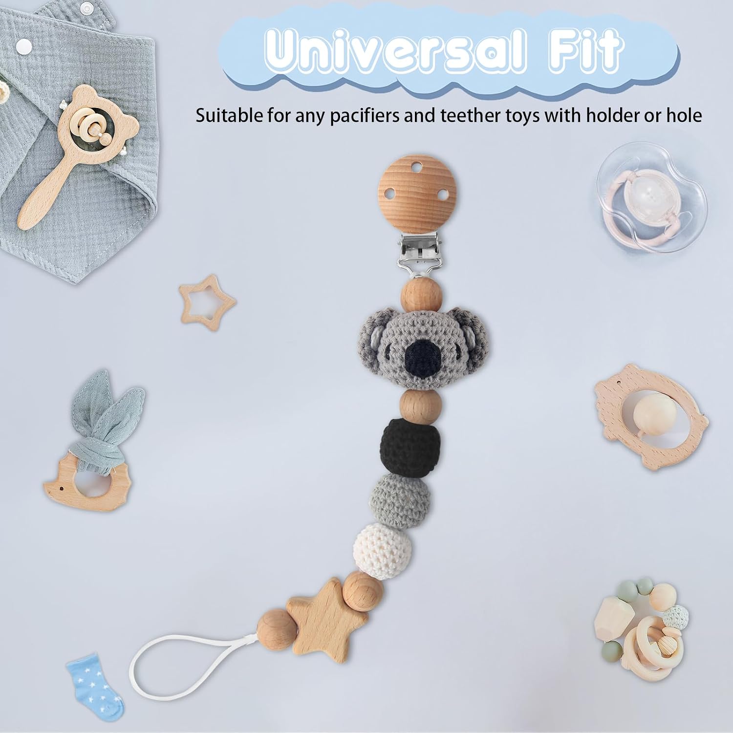 Pacifier Clip, 1 Pack Pacifier Holder Clip for Boys and Girls, Cute Koala Handmade Knitted Pacifier Holder Fits for Most Pacifier, Baby Teethers, Baby Shower and Baby Gift(Koala)