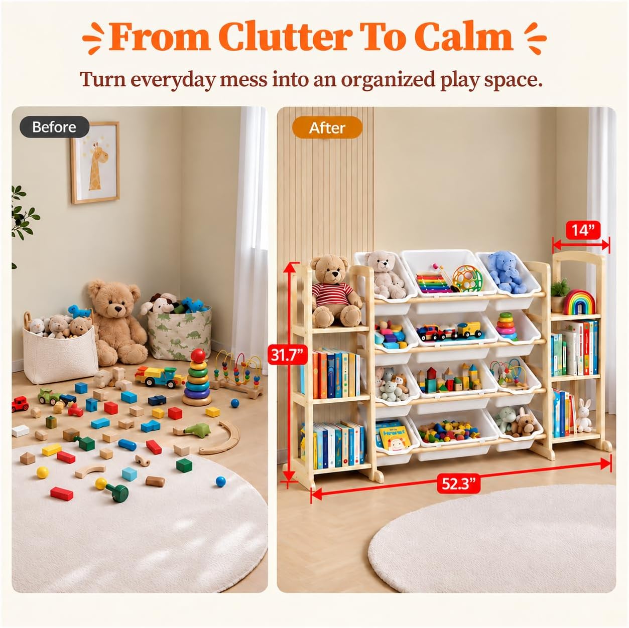 Toy Storage Organizer with Bookshelf – Wooden Toy Organizer with 12 Toy Bins & 6 Tier Bookcase,Quick Assembly Kids Bookshelf,Toy Bin for Playroom, Bedroom, Nursery– White