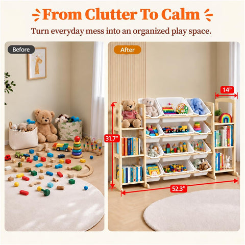 Toy Storage Organizer with Bookshelf – Wooden Toy Organizer with 12 Toy Bins & 6 Tier Bookcase,Quick Assembly Kids Bookshelf,Toy Bin for Playroom, Bedroom, Nursery– White