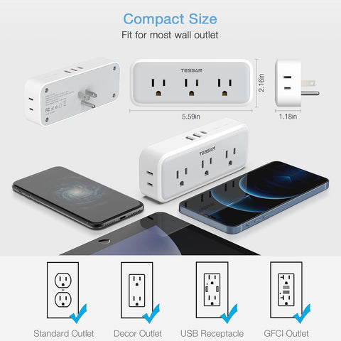 TESSAN Multi Plug Outlet Extender, USB C Wall Charger, Surge Protector,Grey