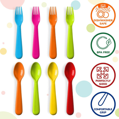 PLASKIDY Plastic Toddler Utensils Set of 12 Kids Utensils Forks and Spoons - BPA FREE/Dishwasher Safe Toddlers Silverware Set Brightly Colored Children's Safe Flatware Cutlery Set